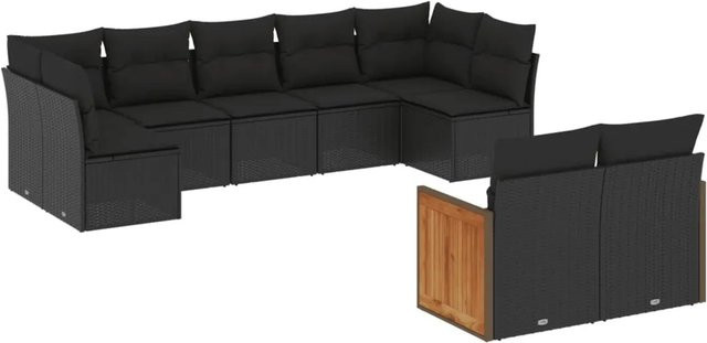 vidaXL 9-tlg. Garten-Sofagarnitur in L-Form aus Polyrattan und Metall mit Kissen in Schwarz - Bild 1