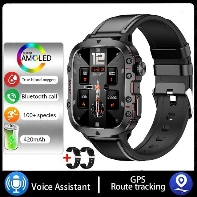 Zodvboz Militärische GPS-Smartwatch für Männer mit Bluetooth-Anruf, Gesundheitsüberwachung und AI-Sprachsteuerung, Schwarz, 1,96 Zoll Display - Bild 1