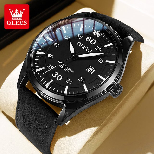 OLEVS Armbanduhr Quarz, Edelstahl, Leder, Schwarz, Herren - Bild 1