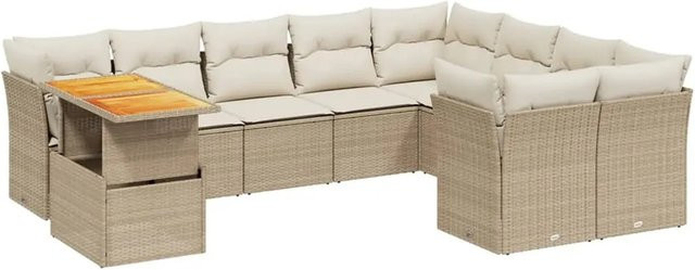 vidaXL 10-tlg. Garten-Sofagarnitur in L-Form aus PE-Rattan und Akazienholz mit Kissen in Beige und Cremeweiß - Bild 1