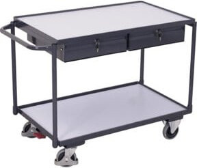 VARIOfit ESD Tischwagen aus Stahl und Spanplatte in Graphitgrau/Lichtgrau mit 2 Ladeflächen, 2 Schubladen und TPE-Rollen mit EasySTOP, Breite: 60,5 cm, Tiefe: 98,5 cm - Bild 1