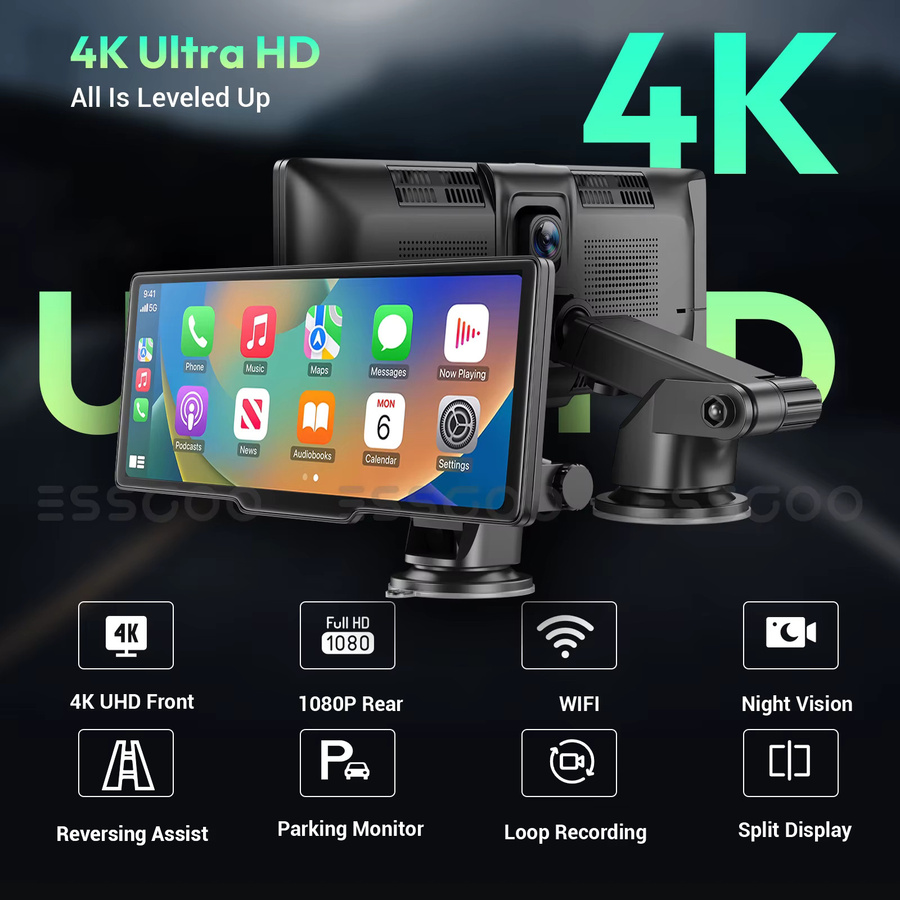 ESSGOO Tragbarer Fahrrekorder mit 10.26 Zoll 4K Display, CarPlay, Android Auto, Doppellinse und Rückfahrkamera, Schwarz - Bild 2