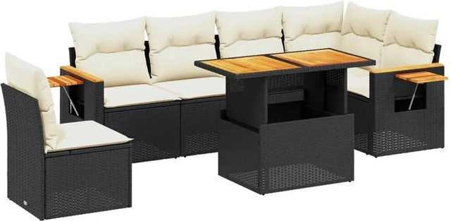 vidaXL 7-teilige Garten-Sofagarnitur aus Poly-Rattan und Akazienholz in Schwarz mit Kissen - Bild 1