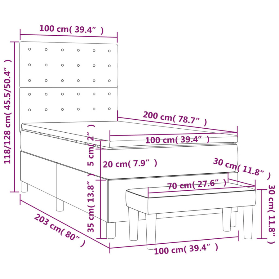 vidaXL Boxspringbett Hybrid mit Matratze Dunkelgrau Samt B/T: 100 x 200 cm - Bild 3