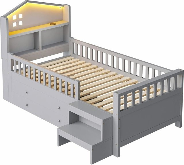 Merax Kinderbett mit Hausrahmen aus Massivholz in Grau mit LED-Unterbettbeleuchtung, USB-Typ-C Ladeport und Schubladen, B/T/H: 212 x 120 x 101,5 cm (Maße basierend auf den bereitgestellten Werten) - Bild 1