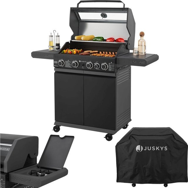 Juskys BBQ Gasgrill Savannah in Anthrazit mit 4 Brennern, 1 Seitenbrenner und Gusseisen Grillrost - Bild 1