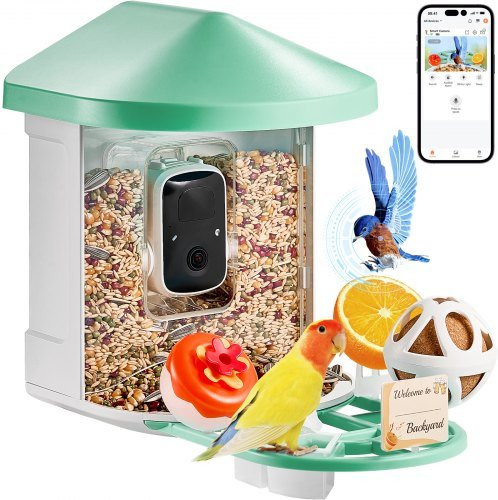 VEVOR Intelligenter Vogelfutterspender mit Kamera, 2K HD KI-Vogelidentifikation, solarbetrieben, kabellos für den Außenbereich, Grün - Bild 1