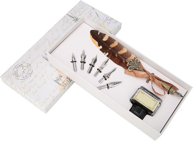 Igeteck Retro Feder-Dip-Pen Set mit Edelstahl-Federspitzen in Weiß und Silber inklusive Geschenkbox - Bild 1