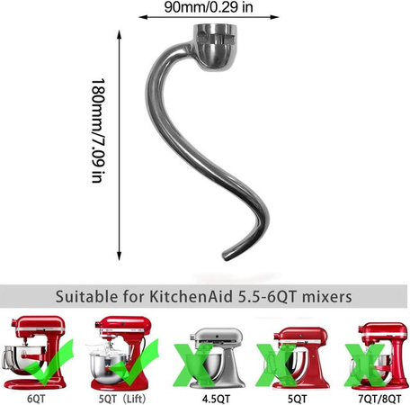 KitchenAid Spiral-Teighaken aus Edelstahl in Silber für 6qt Standmixer