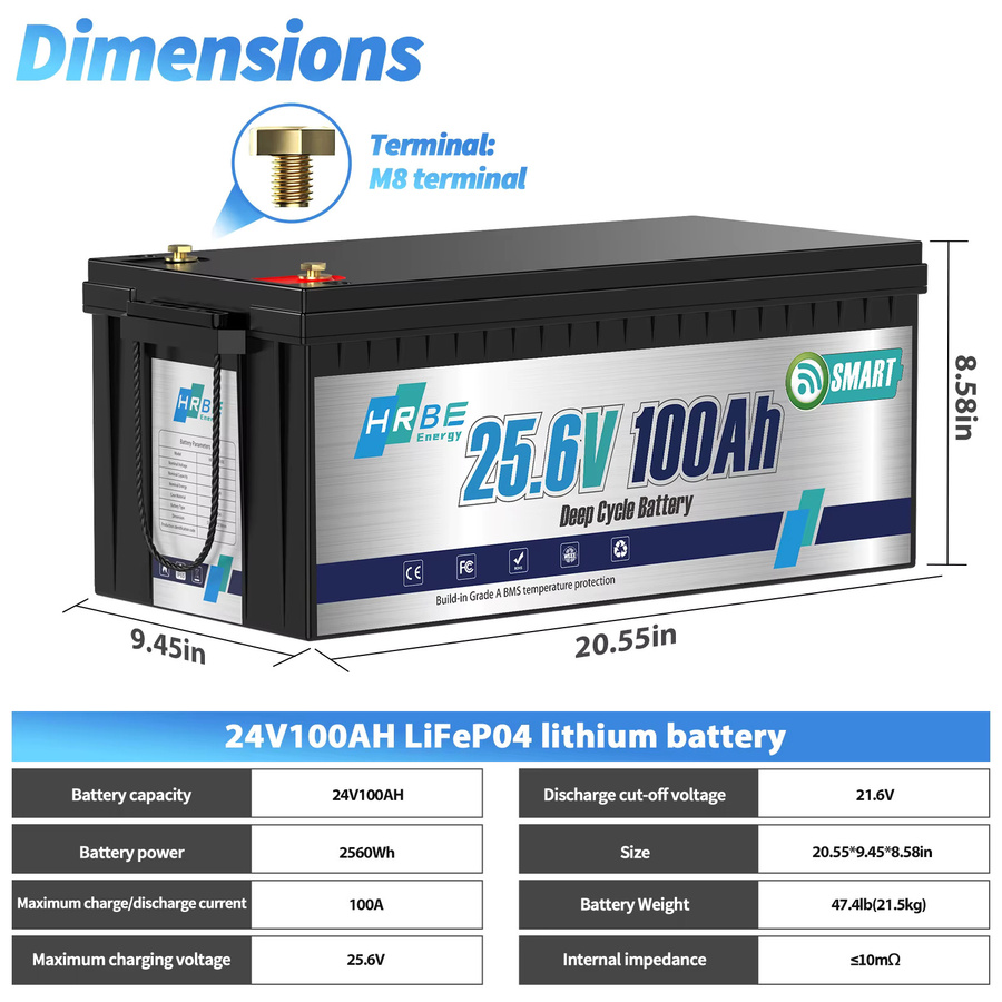HRBEEnergy 24 V 100 Ah LiFePO4-Lithiumbatterie mit integriertem 100 A BMS in Schwarz für Wohnmobil, Solar und Overlanding - Bild 2