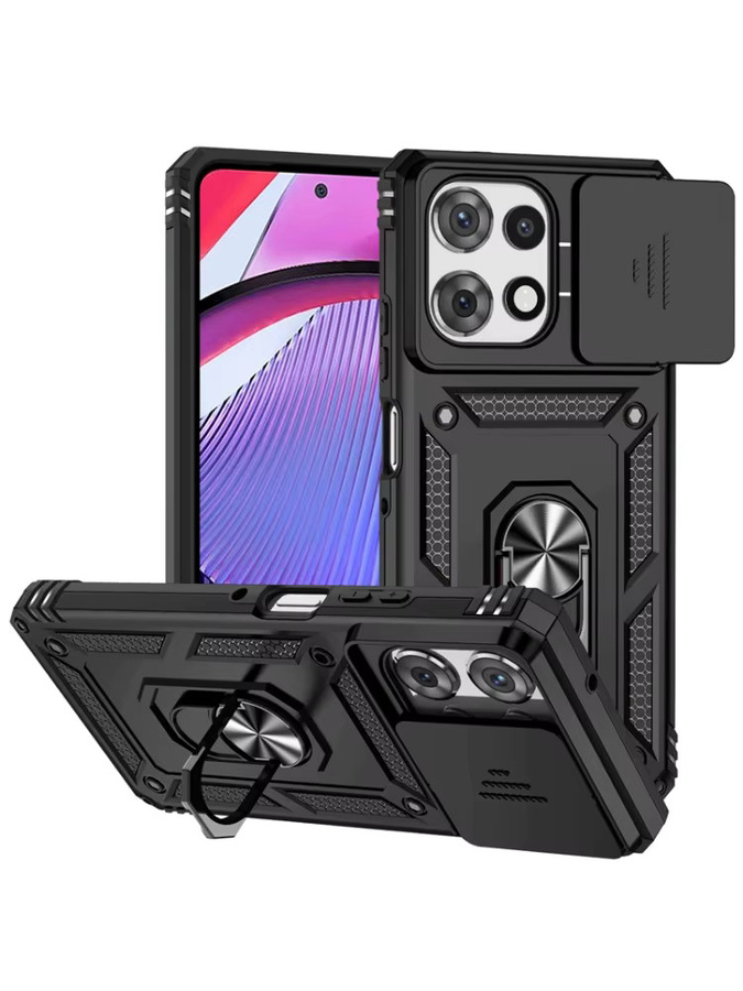 Robuste Schutzhülle mit Rüstungsring und Schiebeobjektiv-Schutz für Motorola G Power, G Play, Edge G 5G und Stylus 5G in Schwarz und Silber - Bild 7