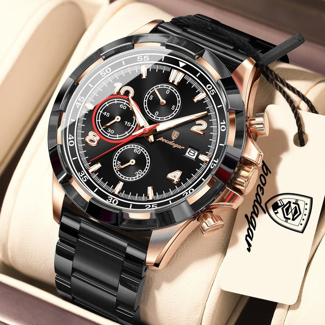 POEDAGAR Armbanduhr Chronograph, Quarz, Edelstahl, Schwarz, Herren - Bild 1