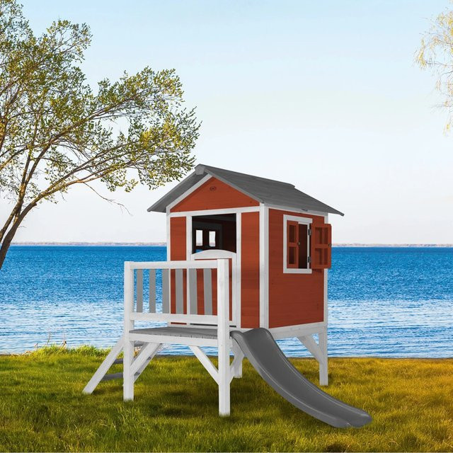 AXI Spielhaus Lodge XL aus Hemlockholz in Rot mit grauer Rutsche und Plexiglasfenstern, B/T/H: 240 x 189 x 167 cm - Bild 4