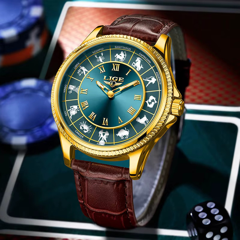 LIGE Armbanduhr Quarz, Leder, Blau, Gold, Herren - Bild 3