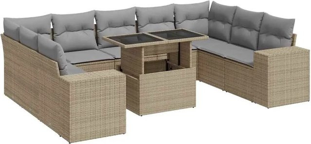 vidaXL 10-teilige Garten-Sofagarnitur aus Poly-Rattan mit Kissen in Beige-Grau - Bild 1