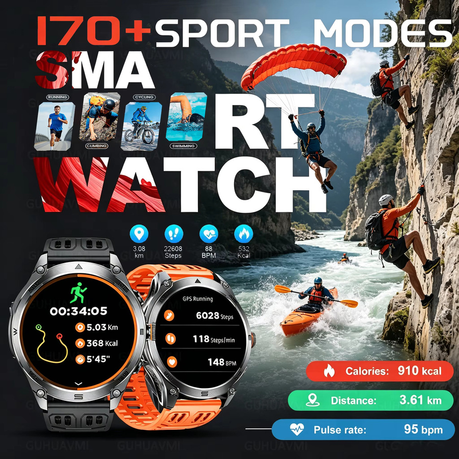 GUHUAVMI Smartwatch, GPS, 10 ATM, Silikon, Schwarz, Orange, Herren - Bild 5