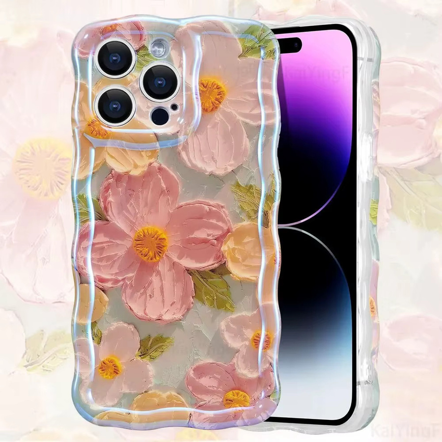 Stilvolle iPhone Hülle mit Retro-Ölgemälde Blumen Design in Gelb und Multicolour mit glänzendem Wellenrand für Apple iPhone 17 bis 16 Pro Max - Bild 2