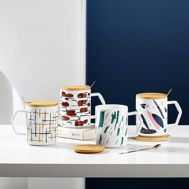 Keramiktasse im nordischen Stil mit Deckel und Löffel von Yiran Furniture, Blau, 400 ml - Bild 1