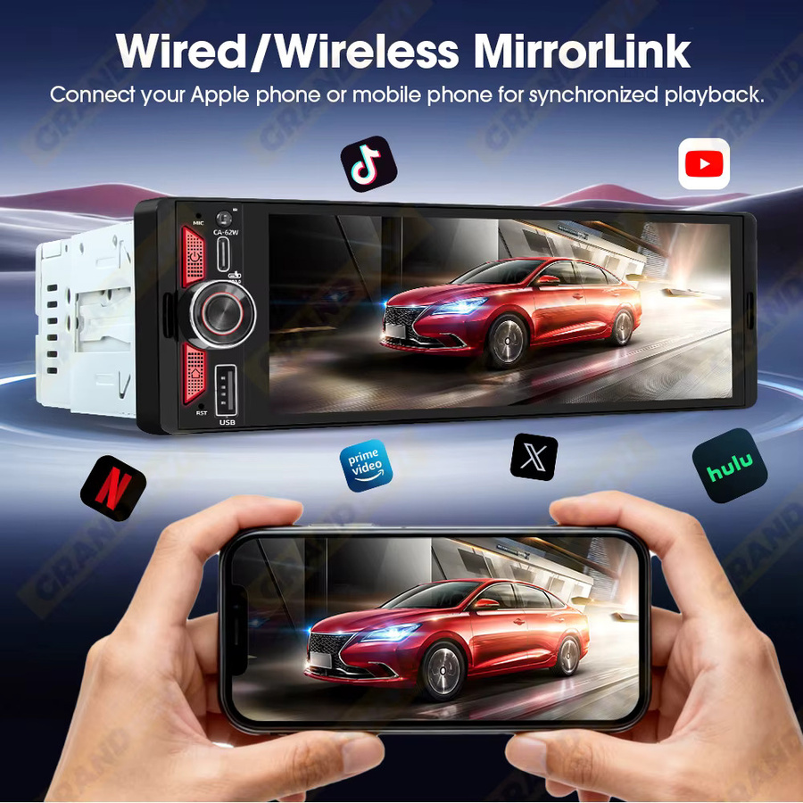 Grandnavi 6,5 Zoll 1Din IPS Autoradio mit kabellosem Carplay, Android Auto und Airplay, Bluetooth, USB-C PD3.0 Schnellladung, Schwarz - Bild 3