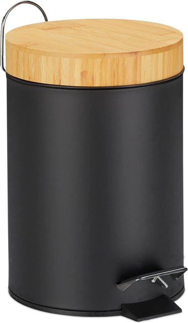 Relaxdays Mülleimer aus Stahl und Bambus mit Trittpedal und Absenkautomatik, Schwarz, B: 24,5 cm, T: 17 cm, H: 23 cm - Bild 1