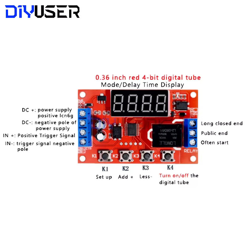 DIYUSER Einstellbares Zeitverzögerungsrelais-Modul 5-24V DC 10A Digitaler Zeitschalter für Motorpumpen und LED-Beleuchtung zur Industriesteuerung - Bild 2