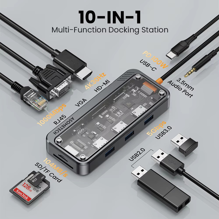 ASOMETECH 10-in-1 USB C Hub Dockingstation mit HDMI 4K, RJ45 Ethernet, SD/TF Kartenleser und PD 100W in Grau - Bild 4