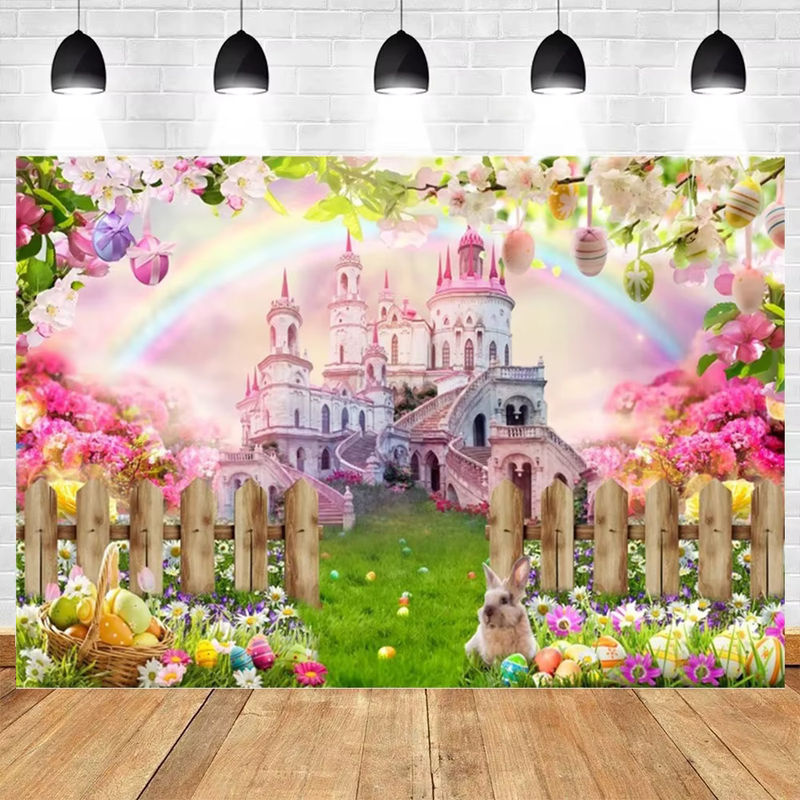 Ostern und Frühling Vinyl-Hintergrund mit Blumen, Gras und Kaninchen in Grün und Mehrfarbig für Babypartys und Kinderzimmer-Dekoration - Bild 3