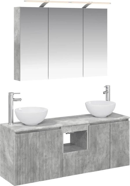 vidaXL Badezimmerschrank-Set 4-teilig in Betongrau mit Waschtischunterschrank, Spiegelschrank und LED-Beleuchtung, B/T/H: 100 x 14,5 x 70 cm - Bild 1