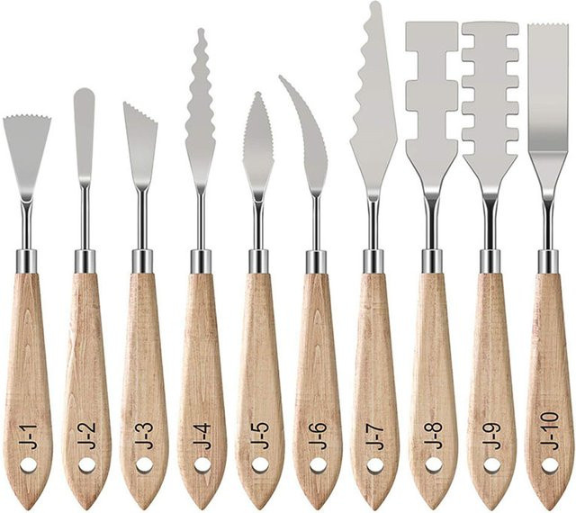 10-teiliges Spachtelmesser-Set aus Edelstahl mit Holzgriff in Silber für Ölgemälde - Bild 1
