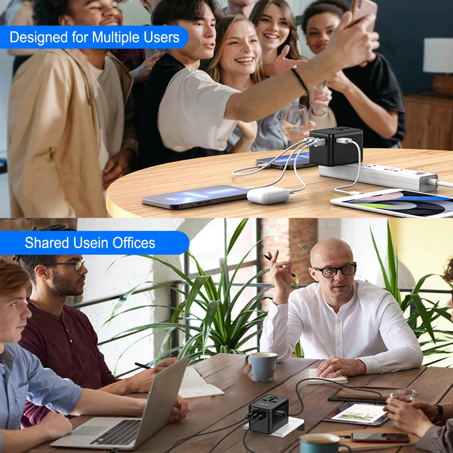 MEEGOO Universeller Reiseadapter DC 140W mit GaN Schnellladegerät und USB-C, All-in-One Reiseladegerät für EU/UK/US/AU mit 2500W AC-Steckdose, Schwarz - Bild 3