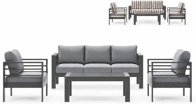 MeXo Gartenmöbel Set für 5 Personen aus Aluminium und WPC in Grau mit khaki gestreiften Ersatzkissenbezügen - Bild 1