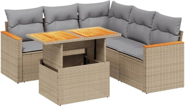 vidaXL 6-tlg Garten-Sofagarnitur in L-Form aus Polyrattan mit Kissen und Couchtisch, Beige/Grau - Bild 1
