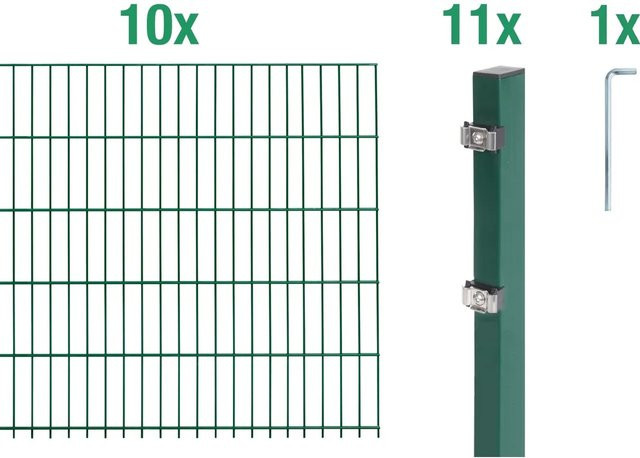 Metallzaun Doppelstabmatte Grund-Set aus Stahl, grün beschichtet, für die Bodenmontage, Höhe: 80 cm, Breite: 200 cm, Tiefe: 50 cm (10 Stück) - Bild 1