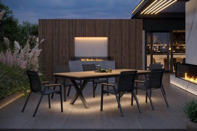 OUTFLEXX Luminara Garten-Essgruppe mit LED-Beleuchtung in Anthrazit Matt und Schwarz, bestehend aus einem rechteckigen Tisch und 6 stapelbaren Sesseln aus Aluminium, Holzimitat und Textilene - Bild 1