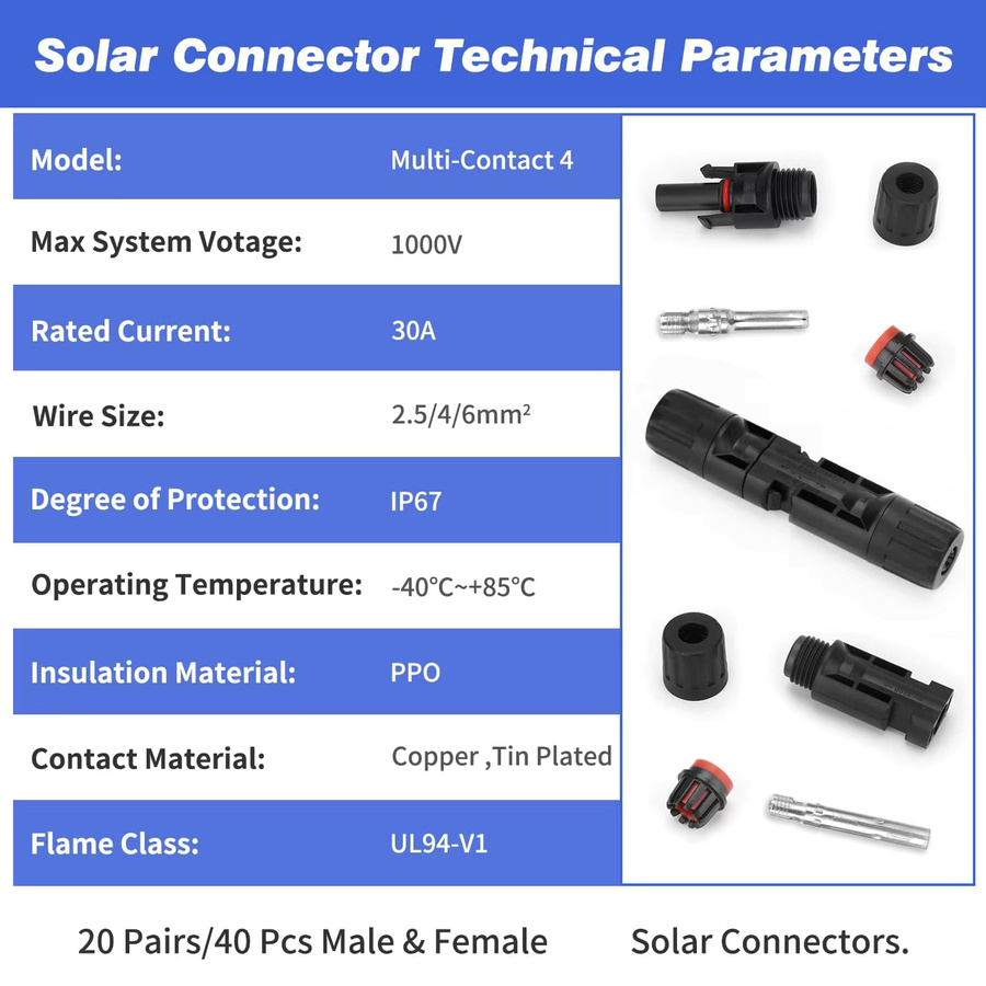 AOKIN Solarstecker Set 40 Stück 20 Paar IP67 wasserdichte Solarpanel-Kabelanschlüsse 10 AWG in Schwarz mit 2 Schraubenschlüsseln - Bild 2