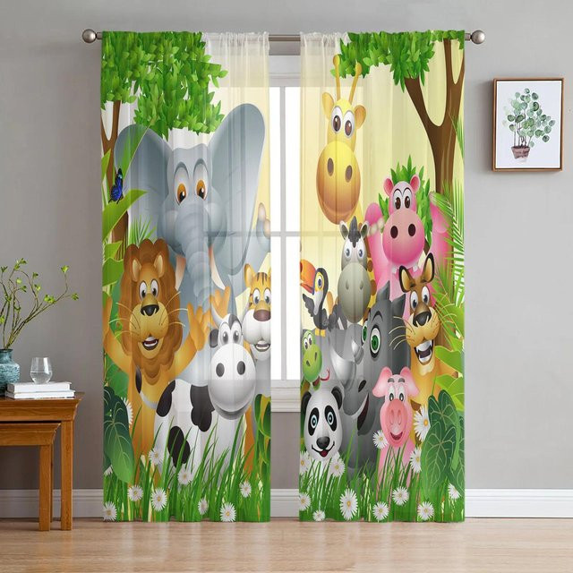 Yiran Furniture Transparentes Voile Organza Fenstervorhang mit Cartoon Tier Motiven Igel Fuchs Hase und Grünen Blättern, Breite: 135 cm, Höhe: 115 cm - Bild 1