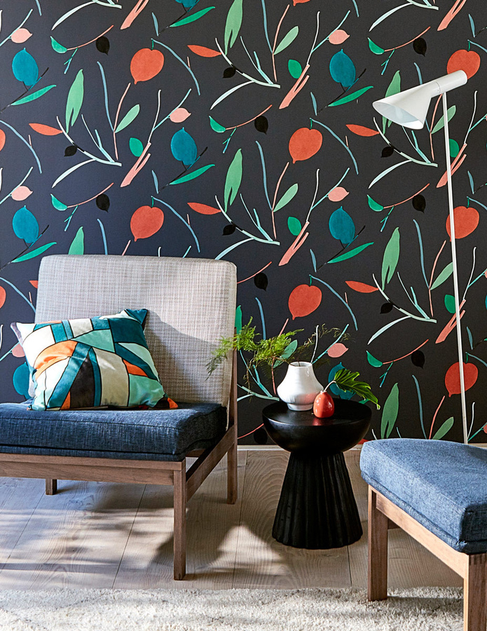 Scion Tapete Oxalis Pimento/Marine in Grau und Multicolour mit floralem Botanical-Design aus Vlies - Bild 1