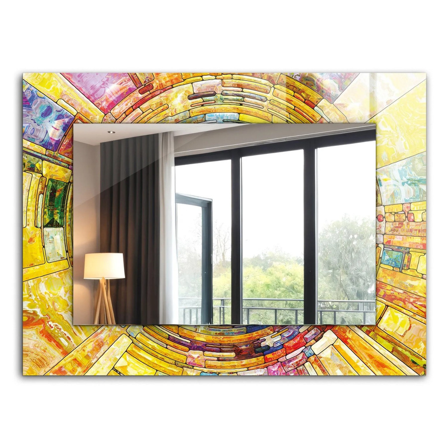 Tulup Wandspiegel mit abstraktem Mosaik-Druck in Multicolour und Gelb, Rechteckig, B: 80 cm, H: 60 cm - Bild 2