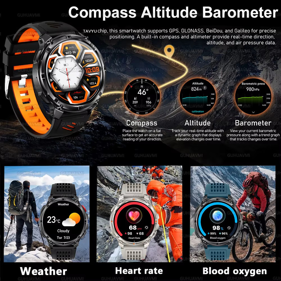 GUHUAVMI T-REX3 Smartwatch mit Bluetooth-Anruffunktion, 10ATM wasserdicht, Kompass, Höhenmesser und Taschenlampe, 1100 mAh Akku, Schwarz oder Blau - Bild 1