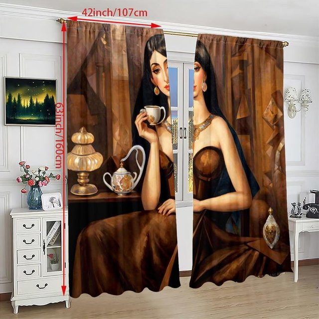 2er-Set Retro-Schönheit Vorhang aus Polyester in Braun, halbtransparent mit Grafikdruck für Schlafzimmer und Wohnzimmer, Breite: 76 cm, Höhe: 165 cm - Bild 1