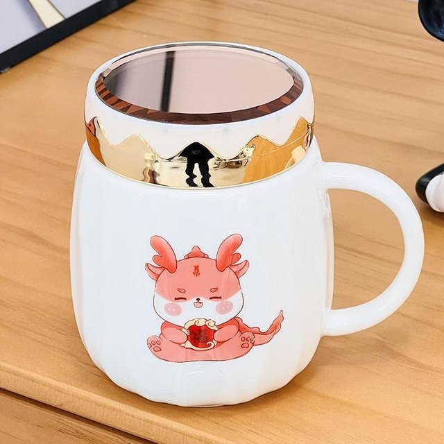 Yiran Furniture Keramiktassen Paarset mit Cartoon Bär, Deckel und Strohhalm, Weiß, 2 x 380 ml - Bild 1