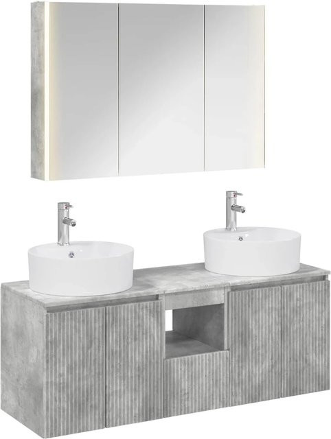 vidaXL Badezimmerschrank-Set 4-teilig in Betongrau, modernes Design mit Waschtischunterschrank und Spiegelschrank inklusive LED-Beleuchtung, B/T/H: 65,0 x 44,5 x 60,83 cm - Bild 1