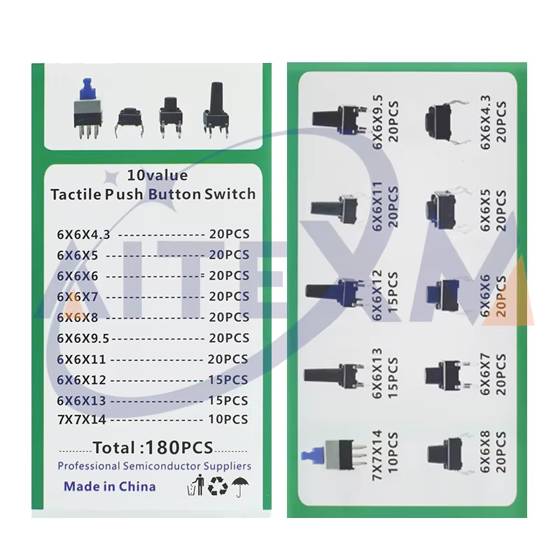 AITEXM ROBOT Tactile Push Button Switch Sortiment Kit mit 180 Stück für Arduino, 10 verschiedene Werte, 6x6 mm, DIP 4P - Bild 2