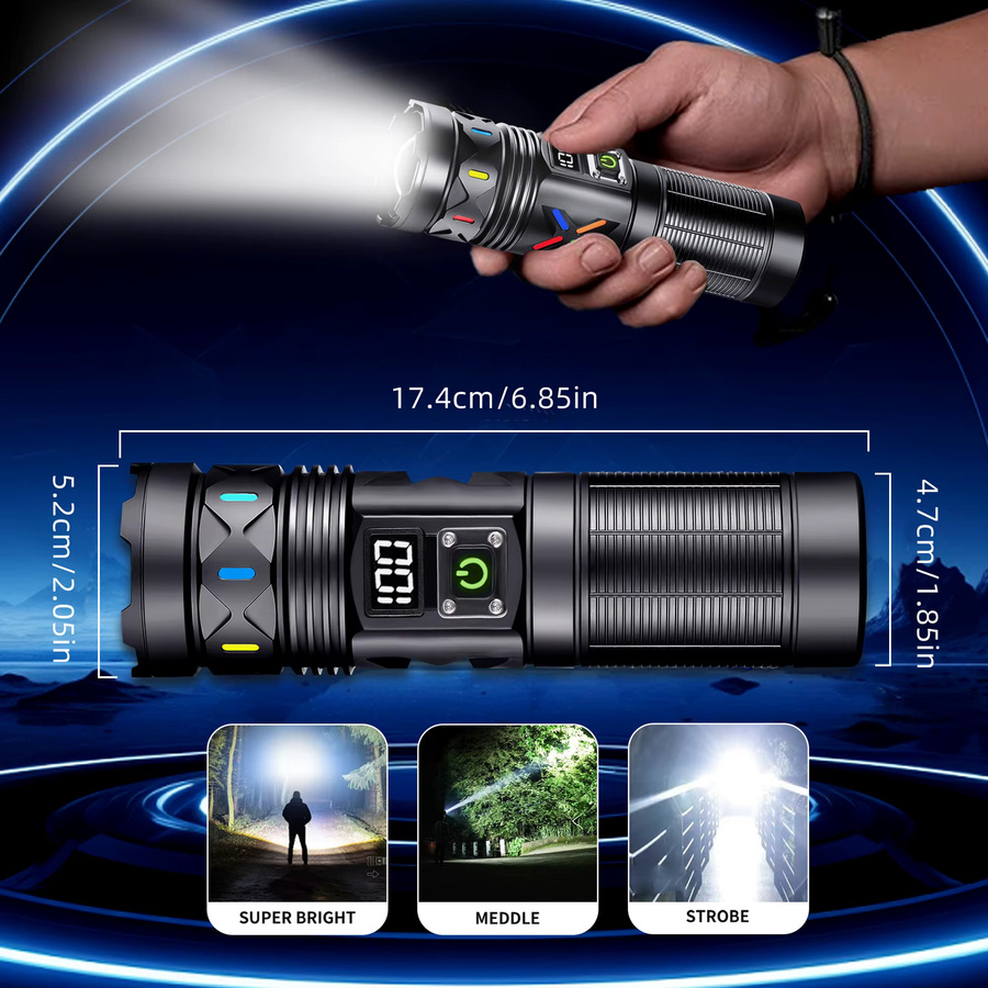 Alonefire LED Hochleistungs-Taschenlampe mit 5000 Lumen und Zoom, USB-aufladbar, Schwarz, Aluminium - Bild 3