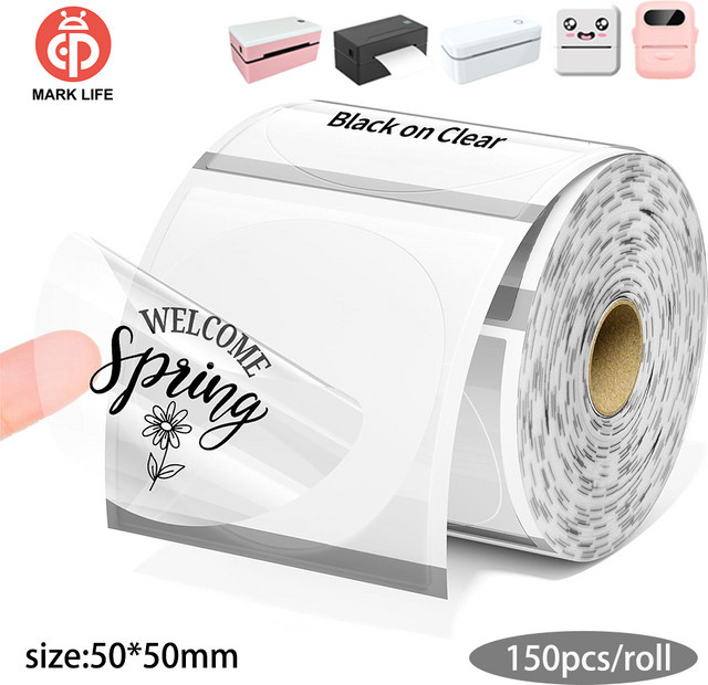 Marklife Selbstklebendes Thermodruckerpapier, Rund, Transparent, B: 5 cm x H: 5 cm, Passend für P50/D100/D200 Drucker - Bild 1