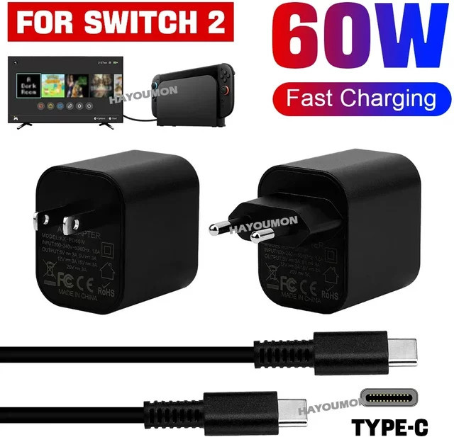 HeroAngel 60W USB-C Netzteil für Nintendo Switch, Schnellladegerät mit TV-Modus Unterstützung, Schwarz - Bild 1