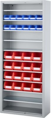 SSI Schäfer Magazinregal C+P Serie 13 mit 28 Sichtlagerkästen PROFI LF 211/221, 10 Fachböden, abschließbar, Stahl, weißaluminium RAL 9006, B: 70 cm, T: 30 cm, H: 169 cm - Bild 1