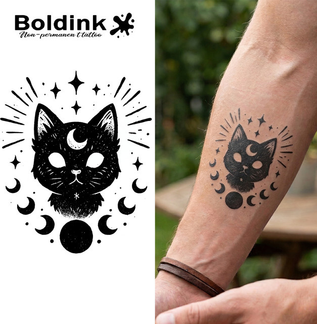 BOLDINK Mystic Cat Mondphasen-Tattoo-Aufkleber, Unisex - Bild 1