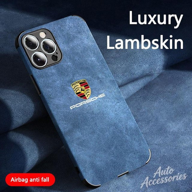 Porsche Logo Wildleder Handyhülle für iPhone 16 15 14 13 12 Pro Max Plus und XS XR in Blau - Bild 1
