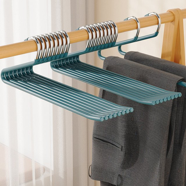5er-Set Multifunktionale Jeans-Kleiderbügel aus beschichtetem Stahl, rutschfest und platzsparend, Beige und Blau - Bild 1